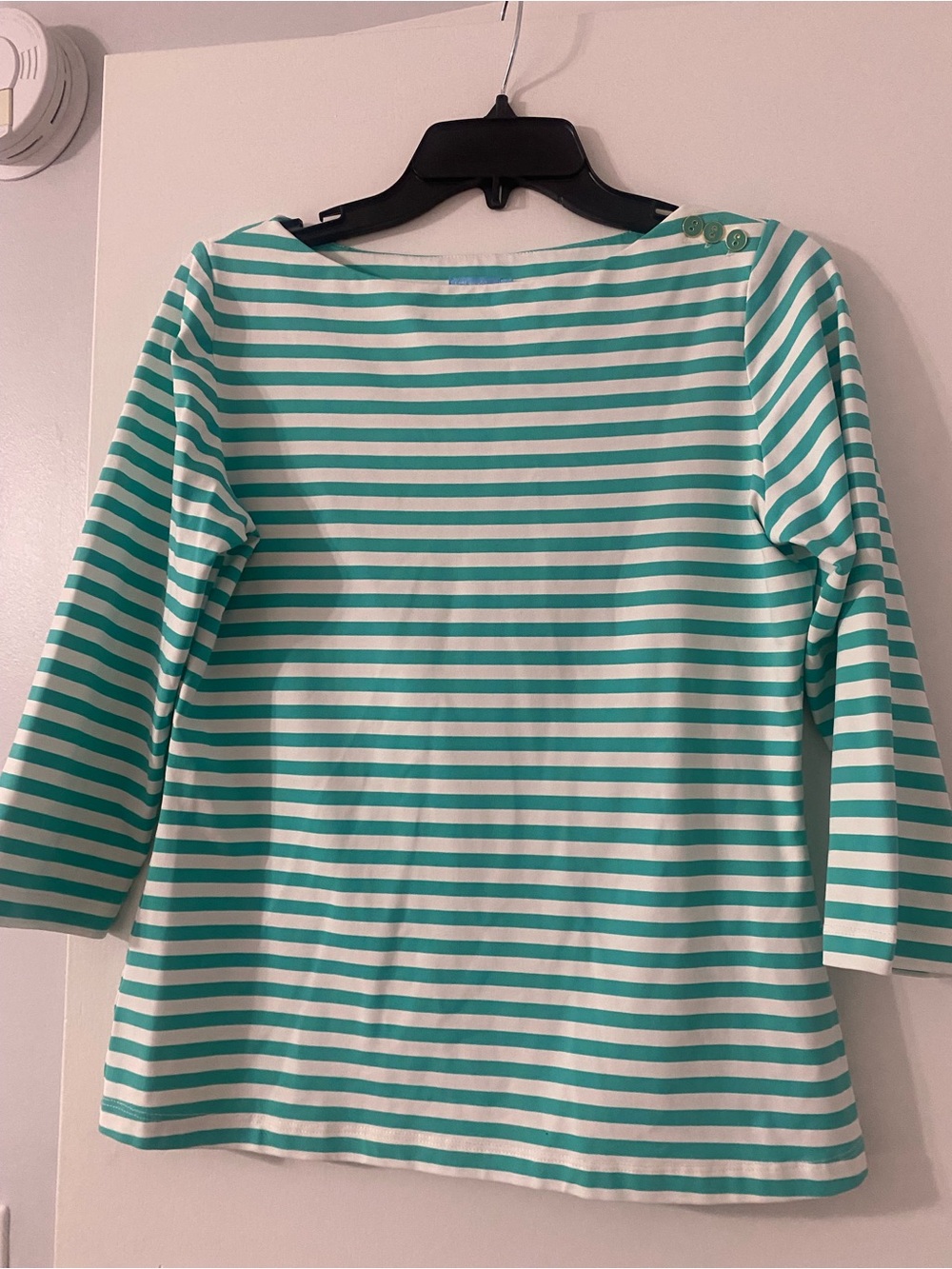 J. McLaughlin Teal and White Striped Boatneck Long Sleeve Top